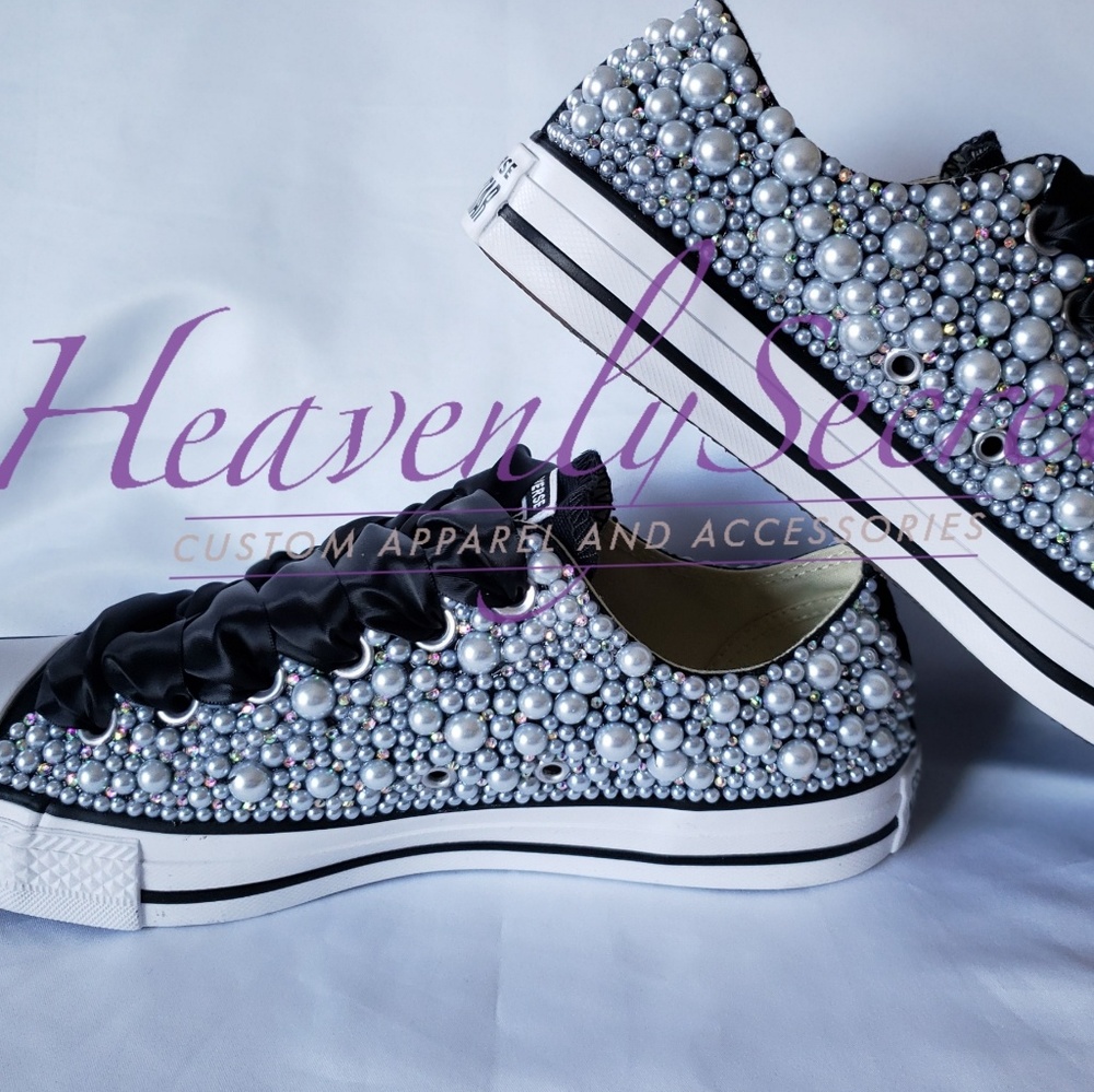 Custom Blinged Black Low Top Converse All Stars - Picture 2 of 8